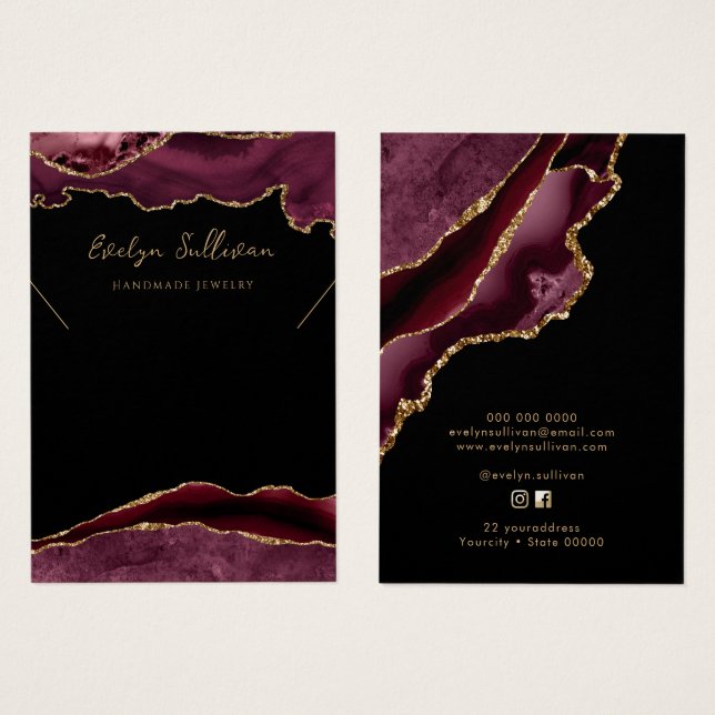 Burgundy and gold agate necklace display card (Front & Back)