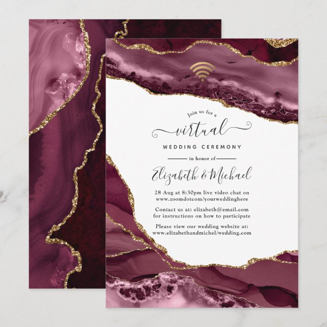 Burgundy and Gold Agate Online Virtual Wedding Invitation (Front/Back)