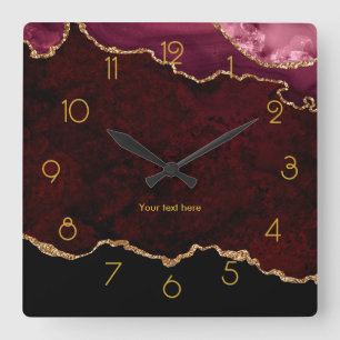 Burgundy and Gold Agate Personalised Square Wall C Clock