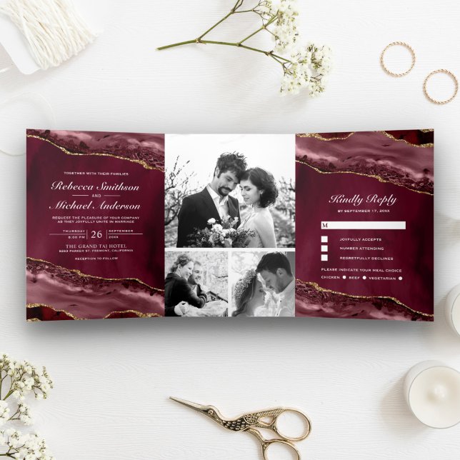 Burgundy and Gold Agate Photo Collage Wedding Tri-Fold Invitation (Creator Uploaded)