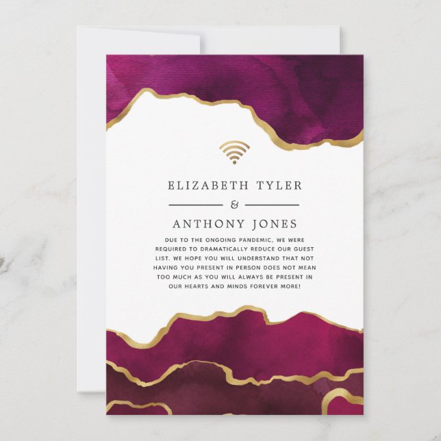 Burgundy and Gold Agate Reduced Wedding Guest List Announcement (Front)