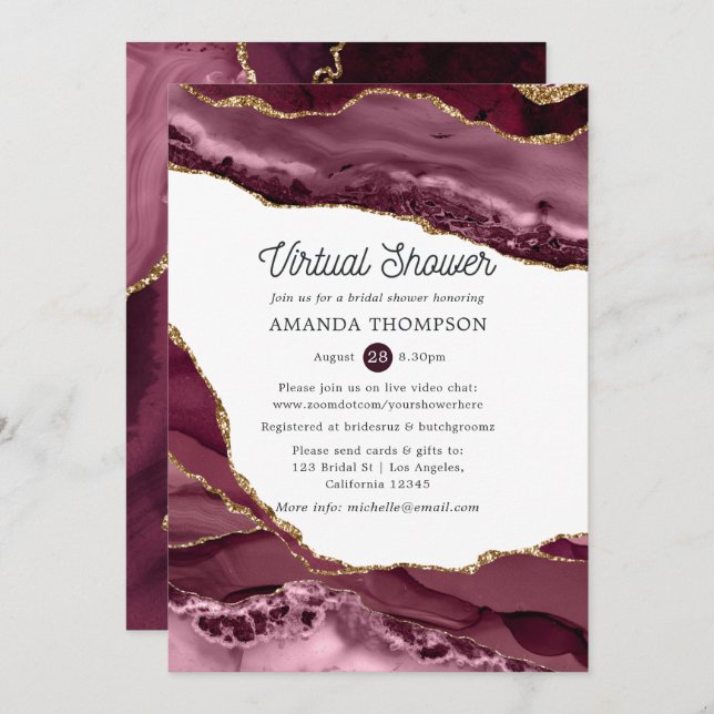 Burgundy and Gold Agate Virtual Bridal Shower Invitation (Front/Back)