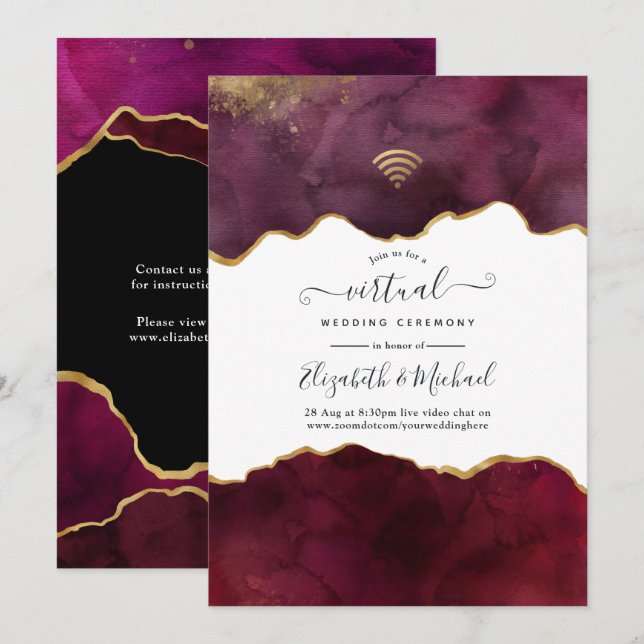 Burgundy and Gold Agate Virtual Wedding Invitation (Front/Back)