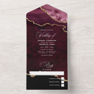 Burgundy and Gold Agate Wedding All In One Invitation