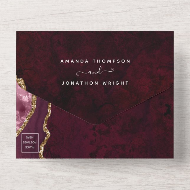 Burgundy and Gold Agate Wedding All In One Invitation (Back)