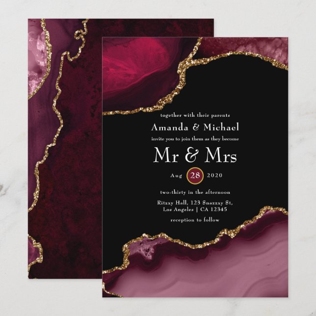 Burgundy and Gold Agate Wedding Invitation (Front/Back)
