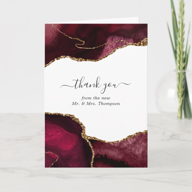 Burgundy and Gold Agate Wedding Photo Thank You Card (Front)