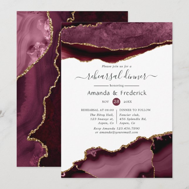 Burgundy and Gold Agate Wedding Rehearsal Dinner Invitation (Front/Back)
