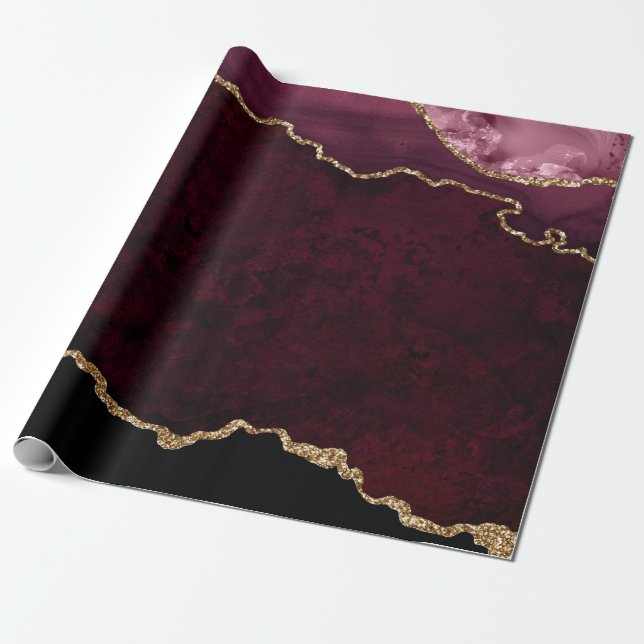 Burgundy and Gold Agate Wrapping Paper (Unrolled)
