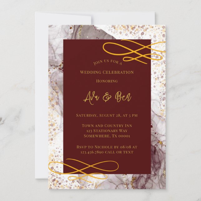 Burgundy and Gold Alcohol Ink All In One Wedding Invitation (Front)