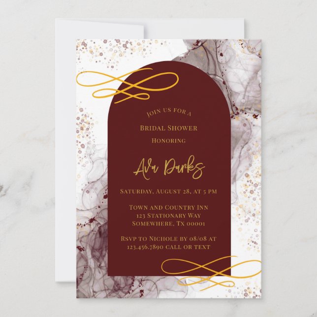 Burgundy and Gold Alcohol Ink Bridal Shower Invitation (Front)