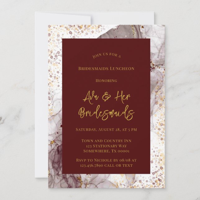 Burgundy and Gold Alcohol Ink Bridesmaids Luncheon Invitation (Front)