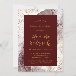 Burgundy and Gold Alcohol Ink Bridesmaids Luncheon Invitation