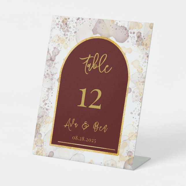 Burgundy and Gold Alcohol Ink Table Number Wedding Pedestal Sign (Front)