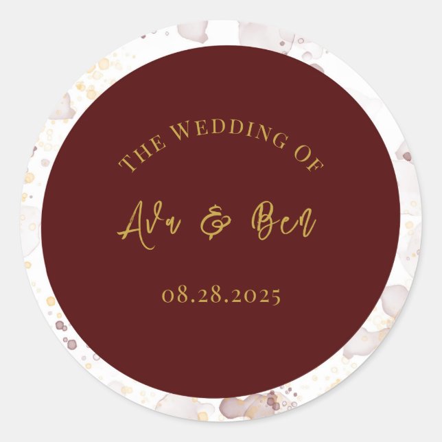 Burgundy and Gold Alcohol Ink Wedding Classic Round Sticker (Front)