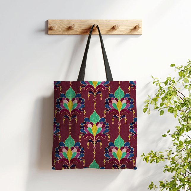 Burgundy and Gold Art Deco Floral Ornament Tote Bag (Creator Uploaded)