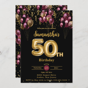 Burgundy and Gold Balloons Confetti 50th Birthday Invitation