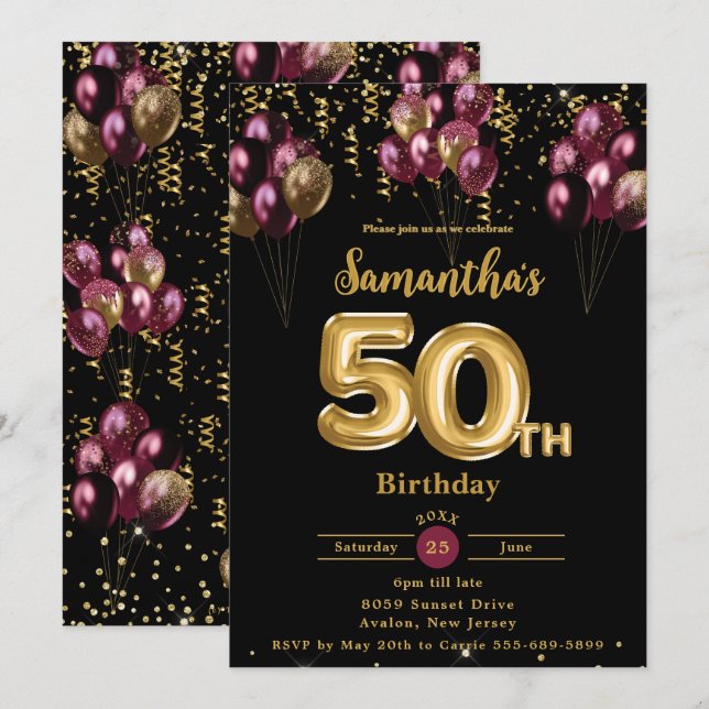 Burgundy and Gold Balloons Confetti 50th Birthday  Invitation (Front/Back)