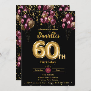Burgundy and Gold Balloons Confetti 60th Birthday  Invitation