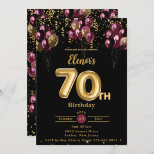 Burgundy and Gold Balloons Confetti 70th Birthday  Invitation
