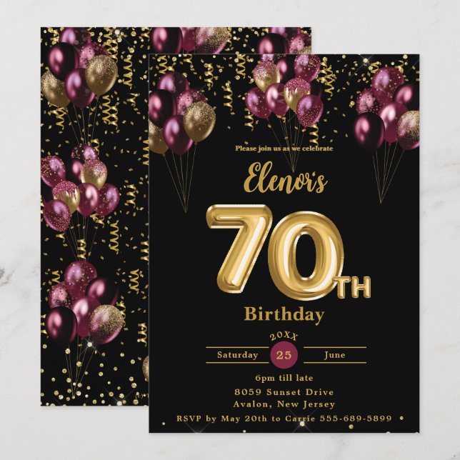 Burgundy and Gold Balloons Confetti 70th Birthday  Invitation (Front/Back)
