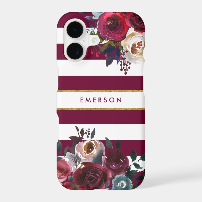 Burgundy and Gold Boho Floral Stripe Monogram (Back)