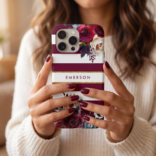 Burgundy and Gold Boho Floral Stripe Monogram