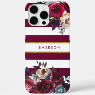 Burgundy and Gold Boho Floral Stripe Monogram iPhone 16 Pro Max Case