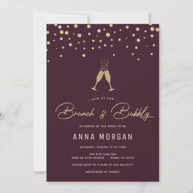 Burgundy and Gold Brunch and Bubbly Invitation (Front)
