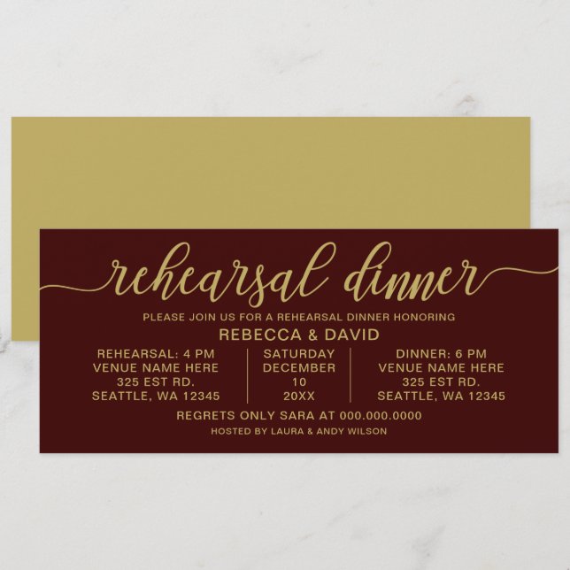 burgundy and gold Calligraphy Rehearsal Dinner Invitation (Front/Back)
