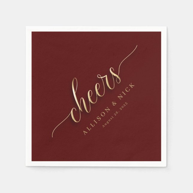 Burgundy and Gold Cheers Wedding Napkins (Front)