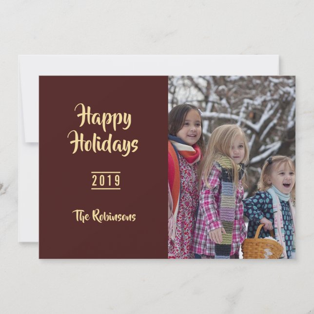 Burgundy and Gold Christmas Greetings family photo Holiday Card (Front)