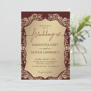 Burgundy And Gold Damask Wedding Invitation 