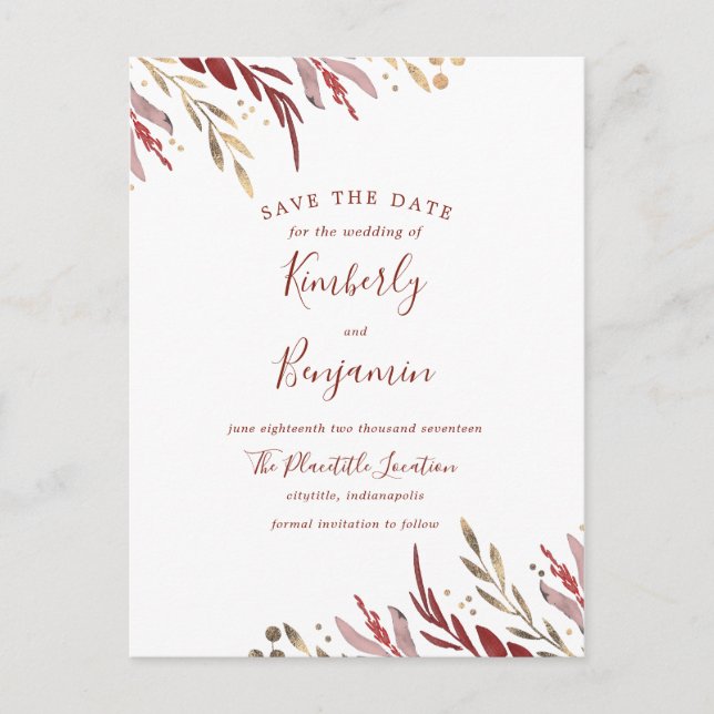 Burgundy and Gold Elegant Branches Save the Date Announcement Postcard (Front)