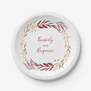 Burgundy and Gold Elegant Garden Wedding Paper Plate