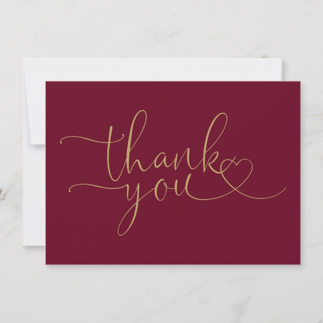 Burgundy And Gold Elegant Heart Script Thank You Card (Front)