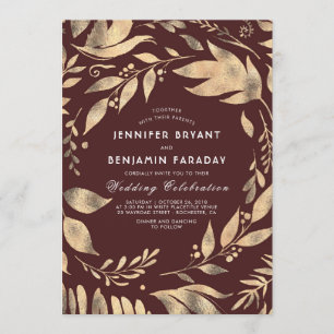 Burgundy and Gold Elegant Leaves Fall Wedding Invitation