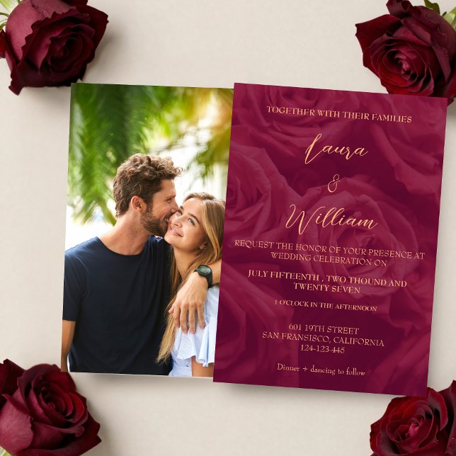 Burgundy and gold elegant picture wedding  invitation (Creator Uploaded)