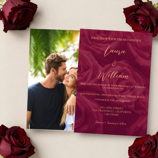 Burgundy and gold elegant picture wedding   invitation (Creator Uploaded)