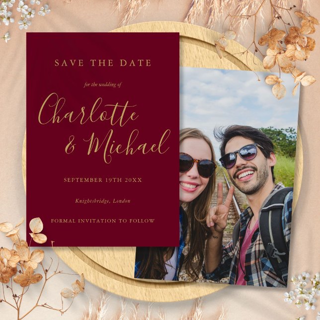 Burgundy and Gold Elegant Signature Script Photo Save The Date (Burgundy and Gold Elegant Signature Script Photo Save The Date)