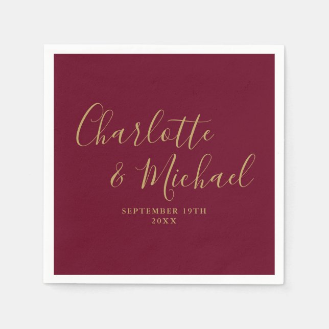 Burgundy and Gold Elegant Signature Wedding Napkin (Front)