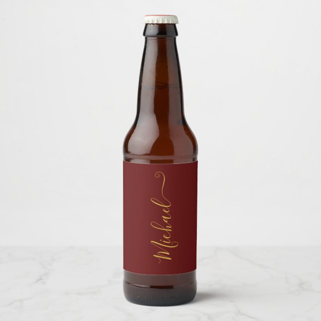 Burgundy and Gold Elegant Typography Beer Bottle Label (Front)