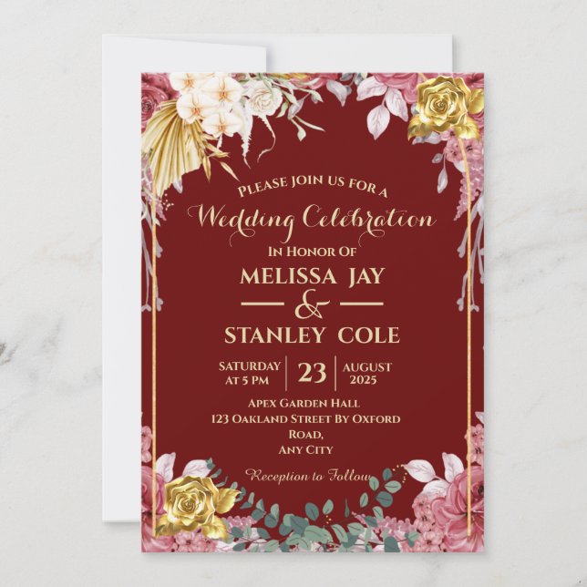 Burgundy and Gold Eucalyptus Wreath Wedding Invitation (Front)