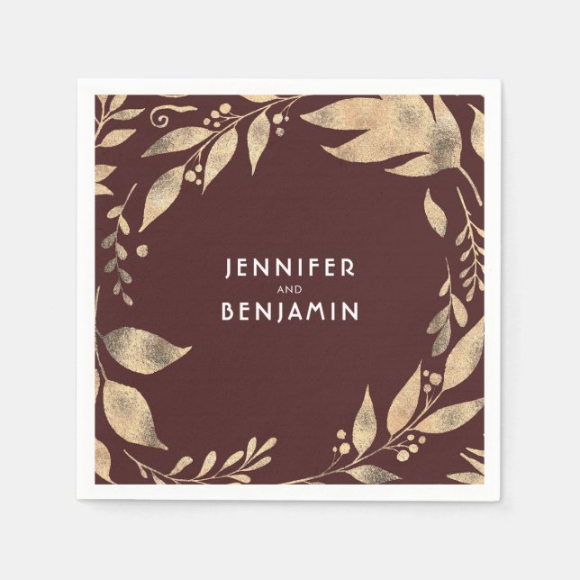 Burgundy and Gold Fall Leaves Elegant Wedding Napkin (Front)