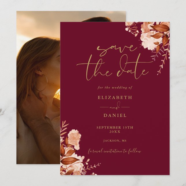 Burgundy And Gold Fall Rustic Floral Photo Wedding Save The Date (Front/Back)