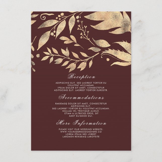 Burgundy and Gold Fall Wedding Information Guest Enclosure Card (Front)
