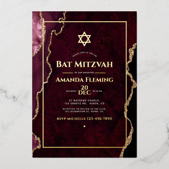 Burgundy and Gold Faux Agate Bat Mitzvah (Front)