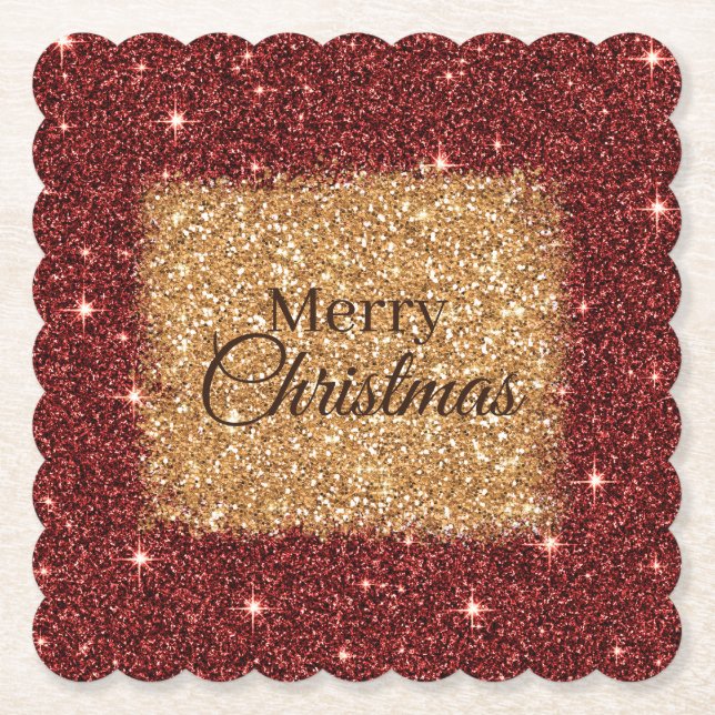 Burgundy and gold faux glitter paper coaster (Front)