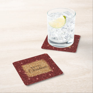 Burgundy and gold faux glitter square paper coaster