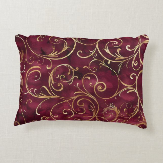 Burgundy and gold filigree print decorative cushion (Back)